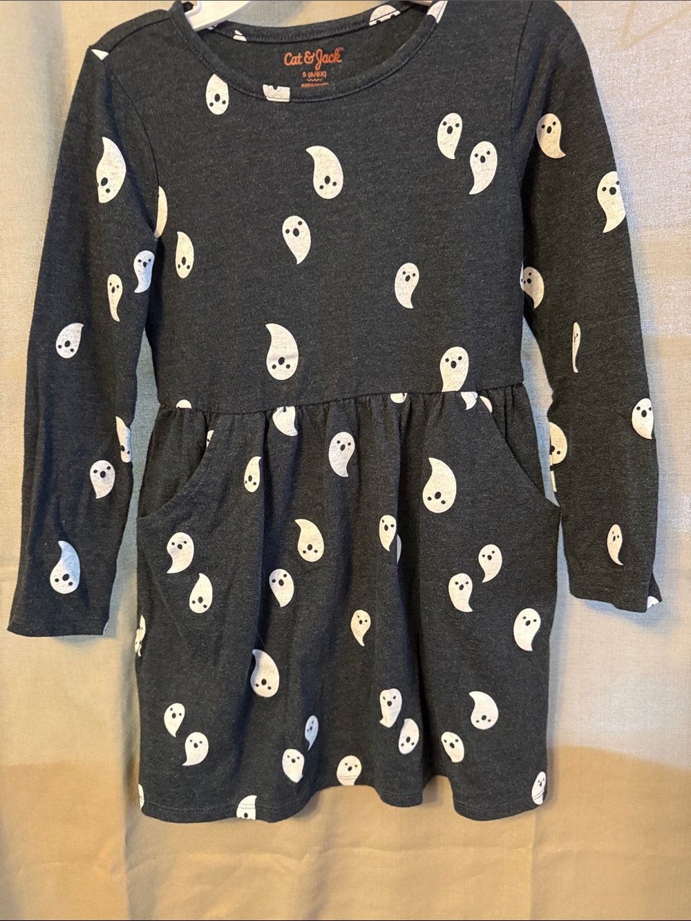 Cat & Jack Girls' Dark Gray Long-Sleeve Ghost Print Dress